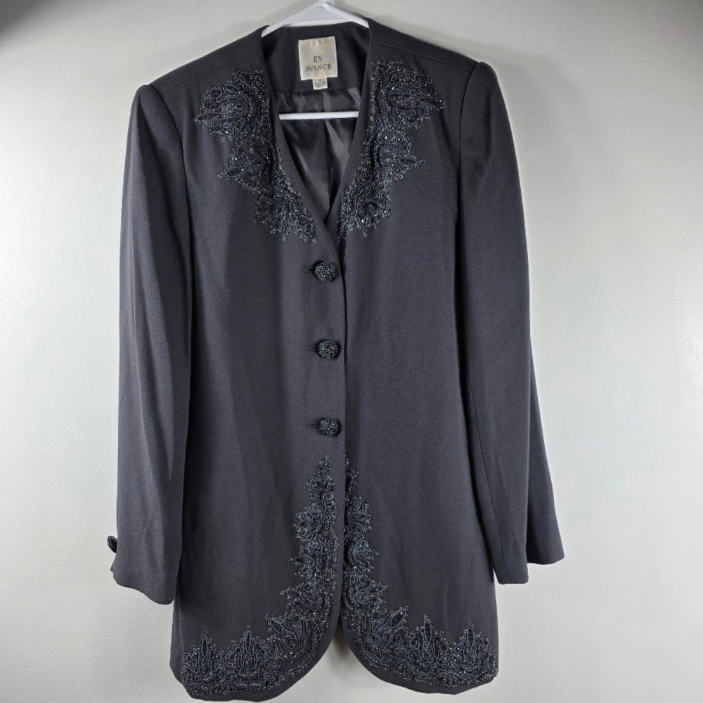 EN AVANCE Vintage Women's Beaded Embellished Collarless Gray Blazer‎ Size 10